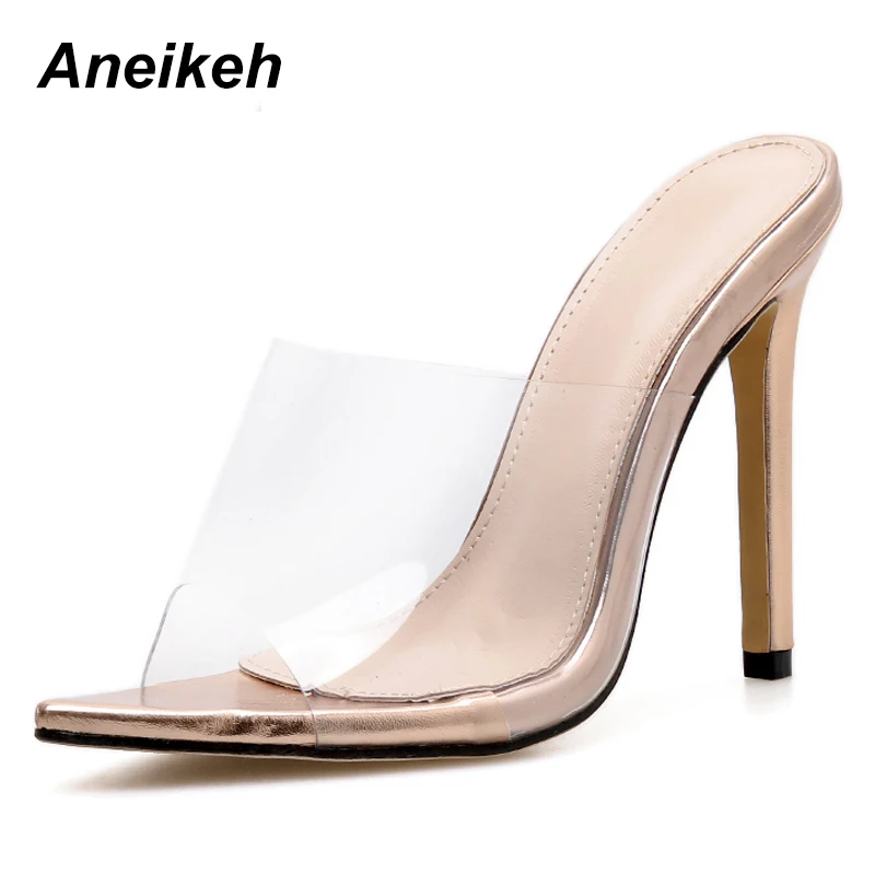 Aneikeh/женские босоножки из пвх; коллекция года; модные женские туфли-мюли на высоком каблуке цвета шампанского; пикантная обувь на тонком каблуке; Босоножки с открытым носком; шлепанцы; туфли-лодочки - Цвет: Golden