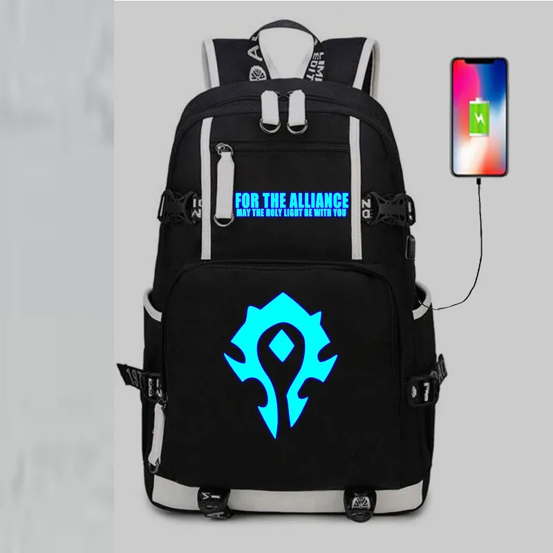 

Anime War Craft WOW For the HORDE USB Backpack BookBags USB Port Bags Laptop School Travel Girls Boys Rucksack Mochila Gift