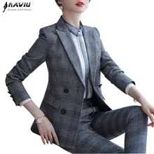 Профессиональные брюки костюмы wome Осень Новая мода плед Блейзер и брюки темперамент Формальное интервью Рабочая одежда