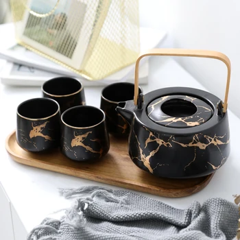 

Northern Europe light luxury marble pattern ceramic tea set Teapot Tea Cup household wooden tray dining room