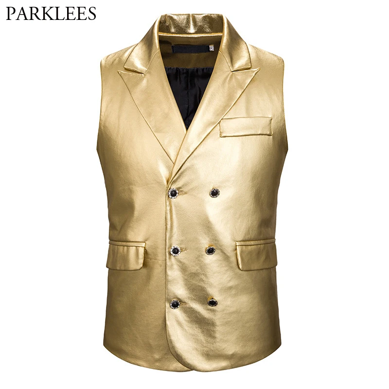 Mens Gold Coated Metallic Lapel Vest Waistcoat 2020 Double Breasted Vests Mens Disco Party Stage