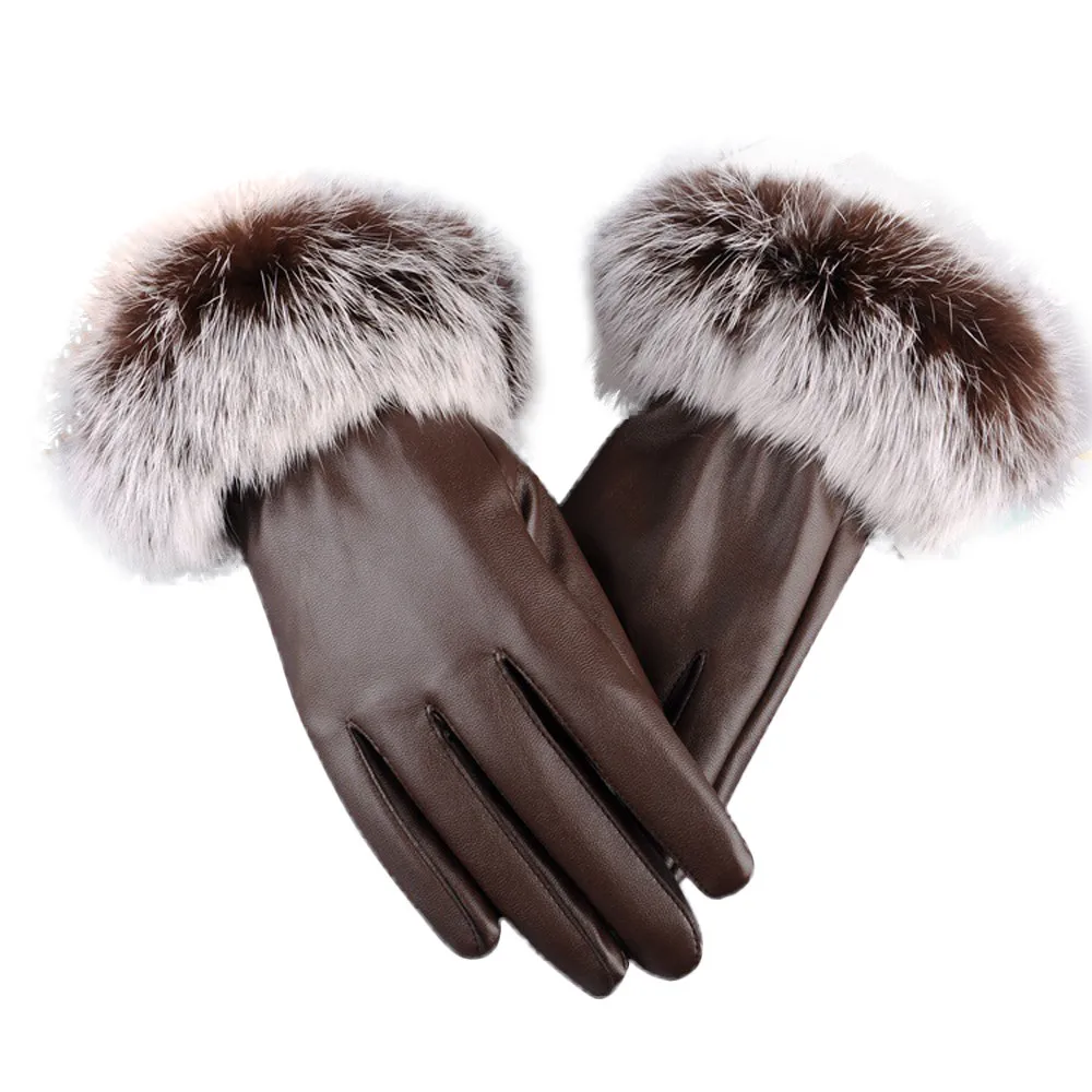 Женские кожаные перчатки, зимние, сохраняющие тепло, черные кожаные перчатки, шерстяные, Осенние, зимние, женские, теплые, кроличий мех, варежки - Цвет: Coffee