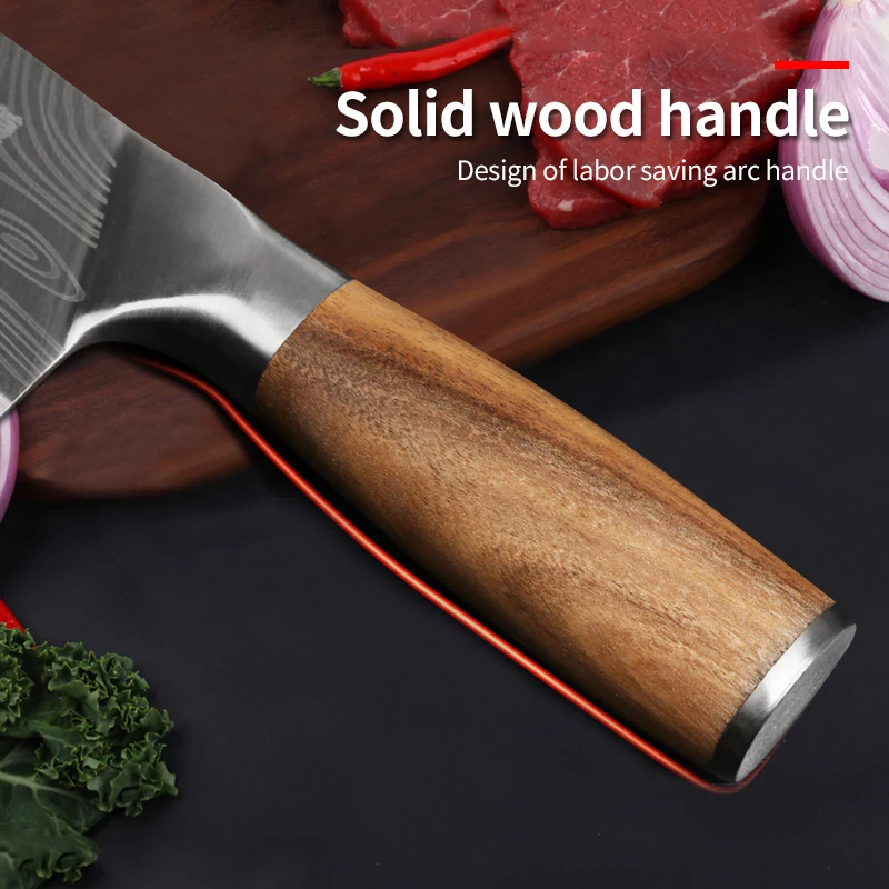 7.5 Inch Chef Knife Kitchen Knife Damascus Pattern Chinese Chef Knife Stainless Steel Butcher Knife Wooden Handle Meat Cleaver magnetic knife block set