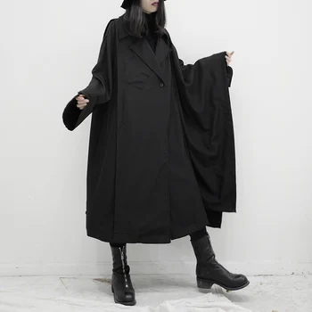 

Loose Women black Asymmetrical stitch big size Trench New Lapel Long Sleeve Loose Fit Windbreaker Fashion Tide Spring2020 1S242Q