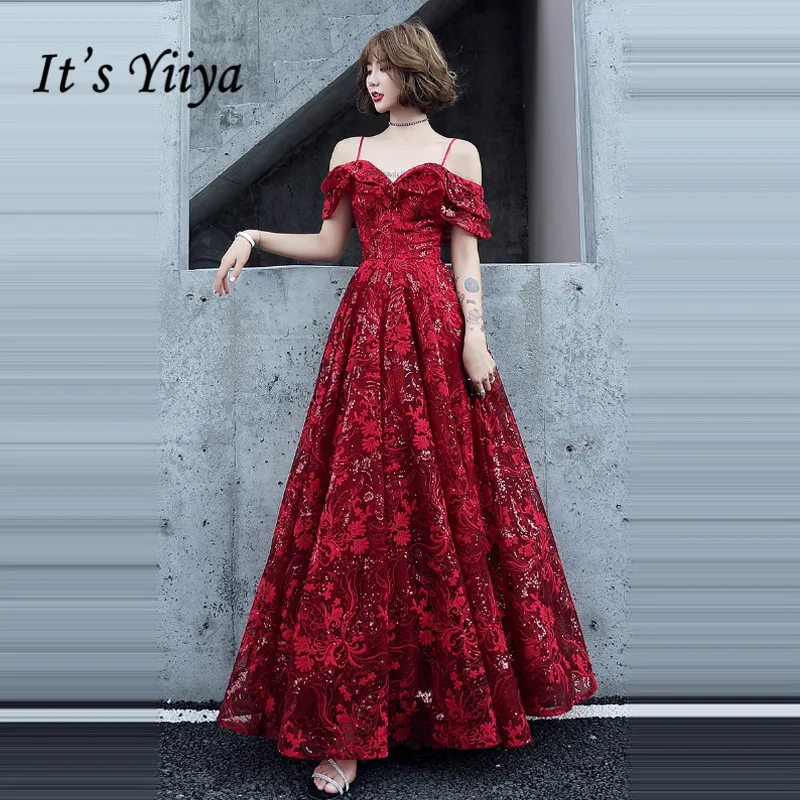 

It's Yiiya Evening Dresses Off Shoulder Sling Burgundy Evening Dress Plus Size Boat Neck Formal Gowns Long robe de soiree LF073
