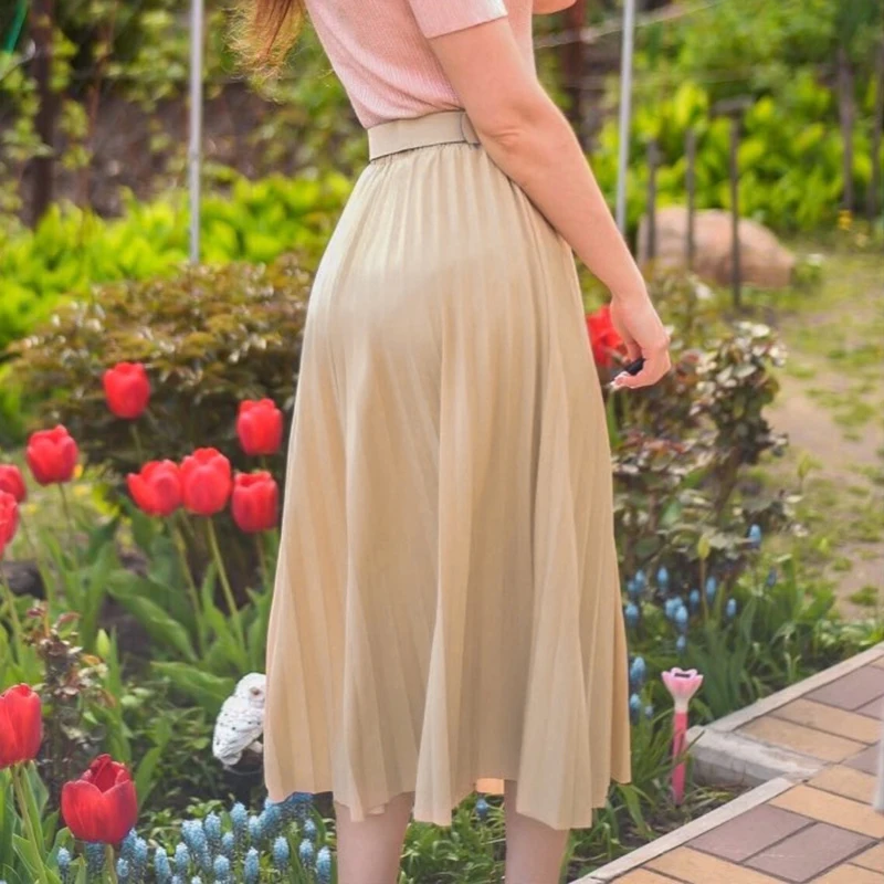 Simplee Fashion A-line women pleated skirt Stripe loose 20 color skirt With belt Elegant British style skirt Autumn winter 2020