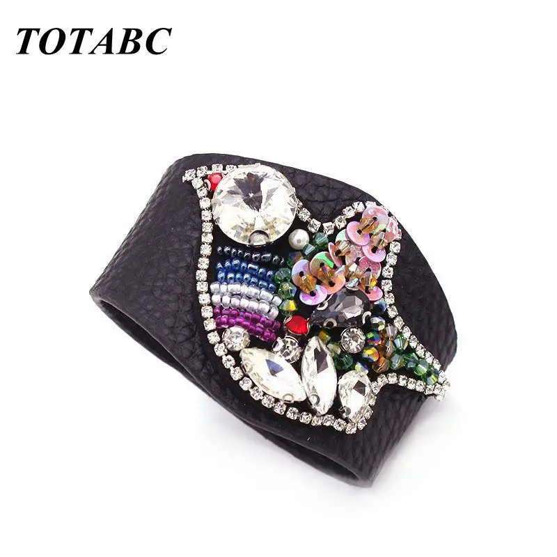 

TOTABC European Fashion Punk Wide Crystal Flowers Charm Leather Bracelets for Women Cuff Bracelet Statement Jewelry