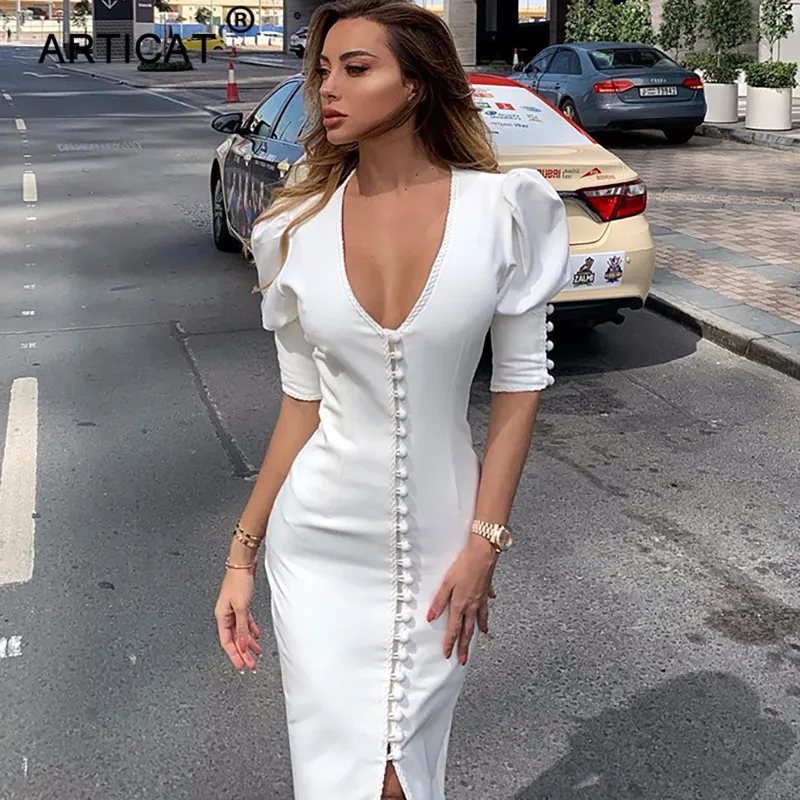 Articat Deep V Neck Puff Sleeve Sexy Bodycon Dress Women Open Buttons Slit Long Pencil Dress Fashion Ladies Casual Autumn Dress Articat Deep V Neck Puff Sleeve Sexy Bodycon Dress Women Open Buttons Slit Long Pencil Dress Fashion Ladies Casual Autumn Dress