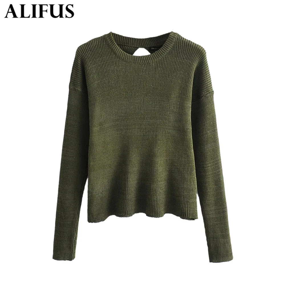 

Fashion Za Women Sweaters 2020 Sweet Solid Open Back O-Neck Casual Long Sleeve Loose Knitting Pullover Sweater Jumper Tops