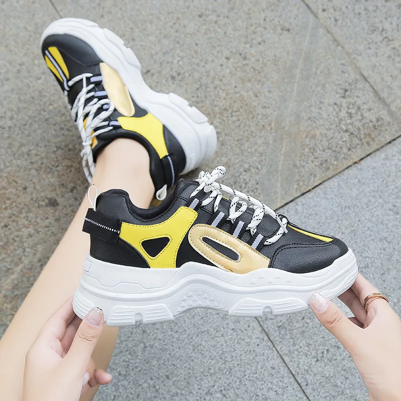 Новинка года; Дизайнерские кроссовки; женская повседневная обувь на платформе; модные белые кроссовки; обувь на платформе; Повседневная обувь желтого цвета