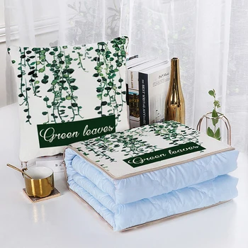 

2 In 1 Nordic Simple Green Leaves Patchwork Quilt Blanket Printed Square Home Office Car Throw Pillow Back Cushion