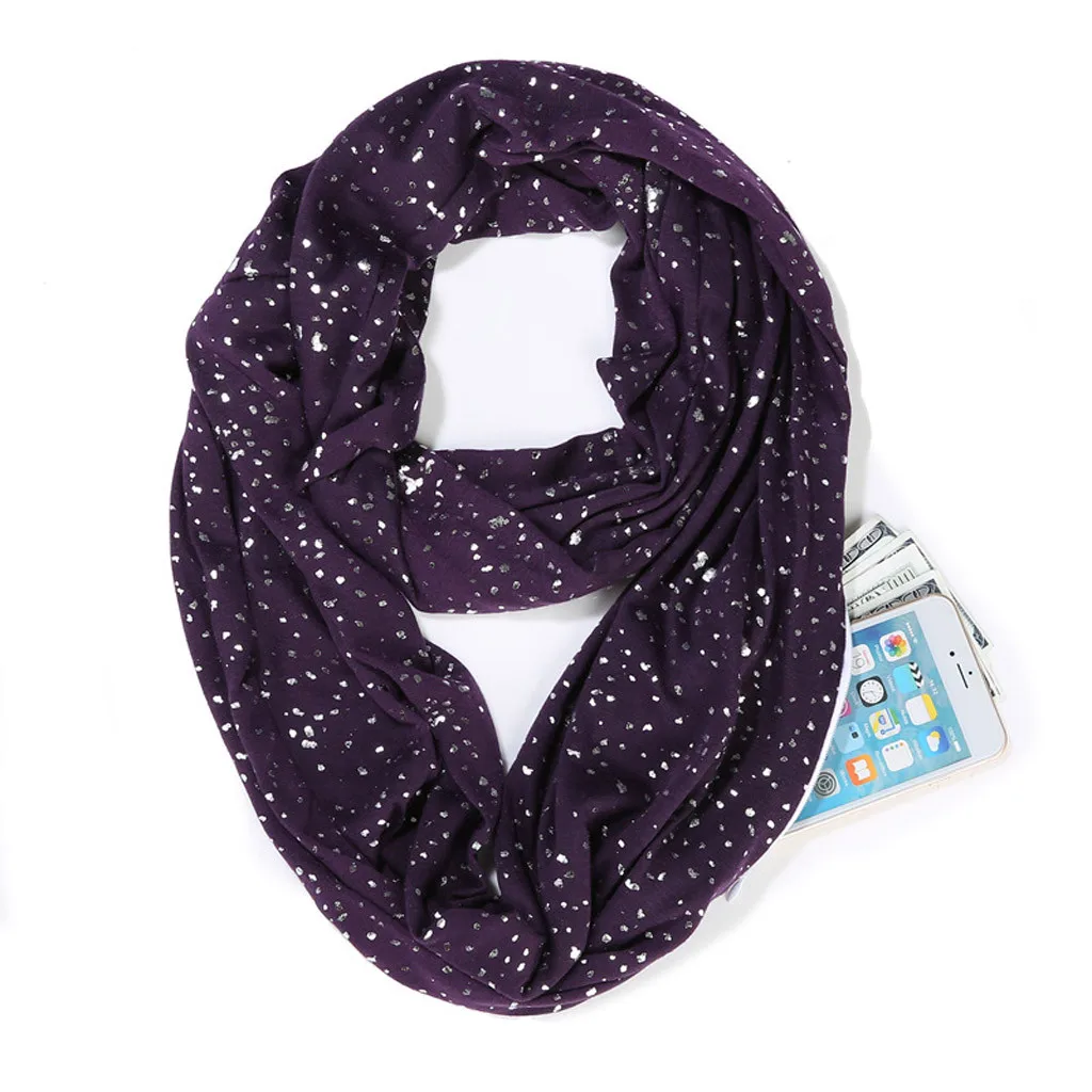 new autumn Winter Fashion Women Nice 2Circle Printing Sequins Zipper Storage Pocket Scarf Cowl Neck Long Scarf Shawl#1003