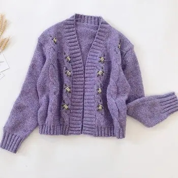 

Spring Fall 2019 Women V Neck Purple Wool Cardigans Solid Long Sleeve Loose Short Sweaters Embroidery Knitted Cardigans
