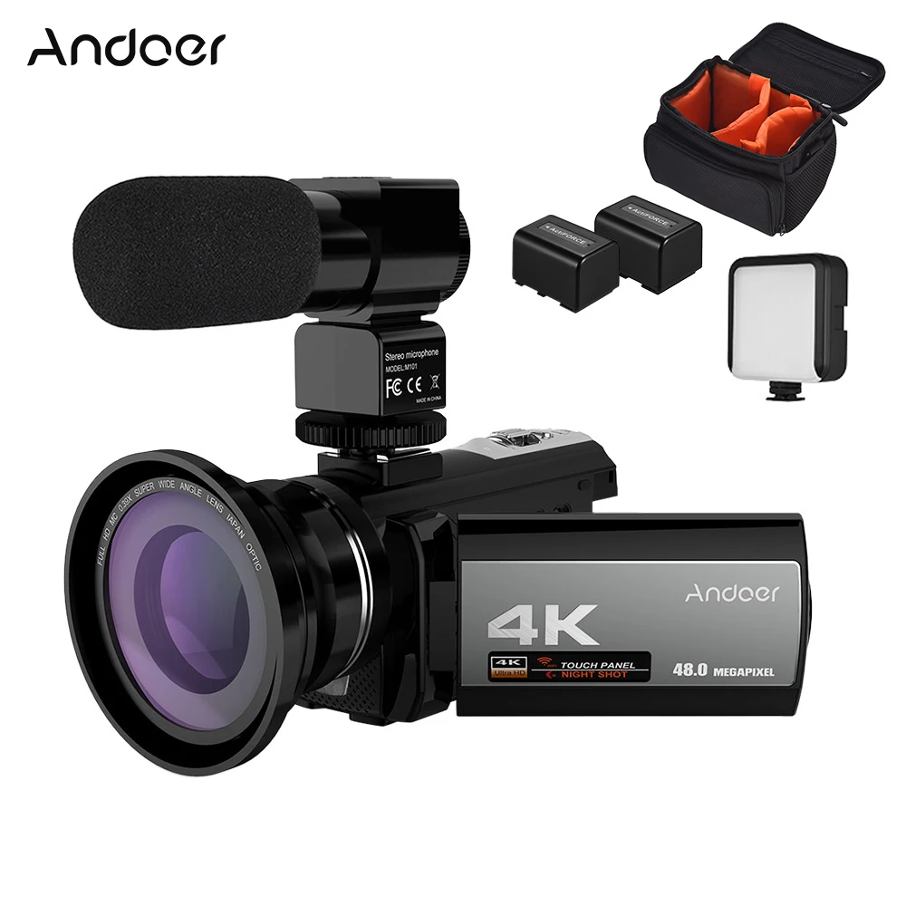 

Andoer 4K 48MP WiFi Digital Video Camera+External Microphone+0.39x Wide Angle Lens+Mini LED Video Light+2pcs Battery+Camera Bag