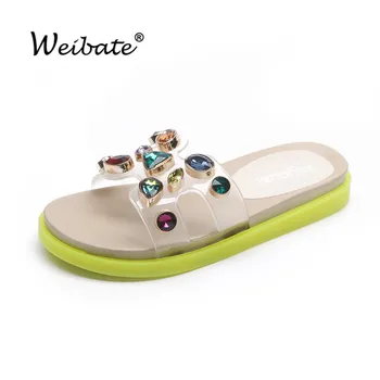 

WEIBATE Transparent Slippers Women Wear Summer Fashion Flat Bottom Flip Flops Jelly Wild Rhinestone Sandals and Slippers