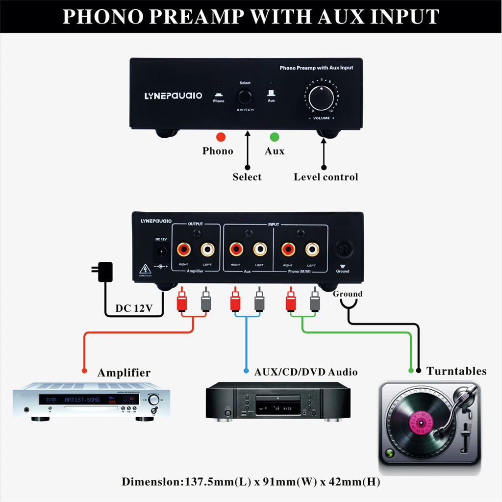 Phono Turntable Pre Amps Signal Amplifier with Auxiliary In & Volume Control