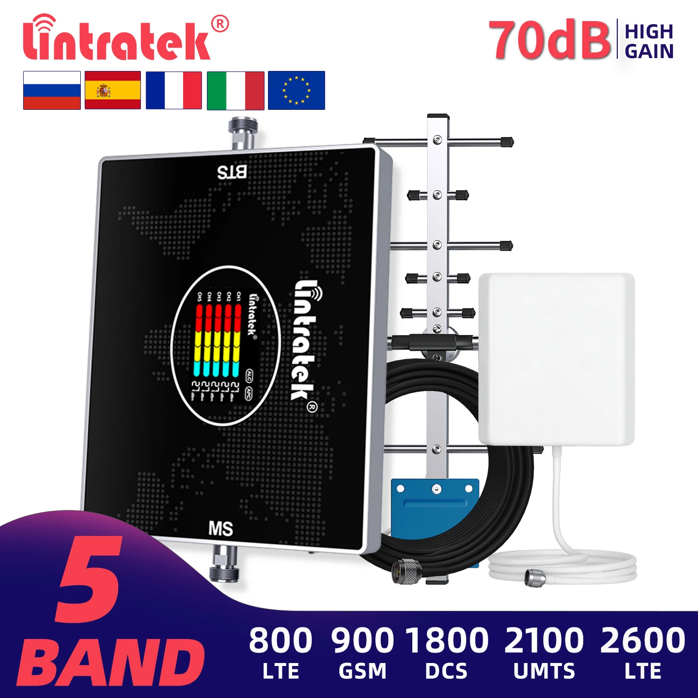 Lintratek 5-полосный ретранслятор 800 900 2100 1800 2600 B7 2G 3G 4G Мобильный усилитель сигнала UMTS