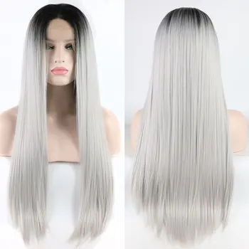 

Bombshell Black Roots Ombre Silver Gray Straight Synthetic Hair Lace Front Wig Glueless Heat Resistant Fiber For Women Wigs