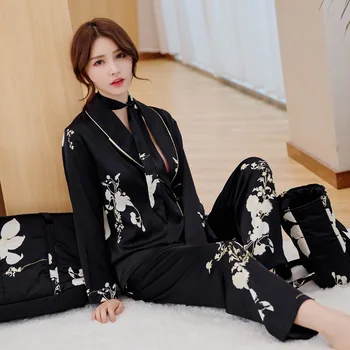 

Wmyqdlq Pajamas Women Summer Black Printed Long-Sleeved Imitation Silk Two-Piece Home sService