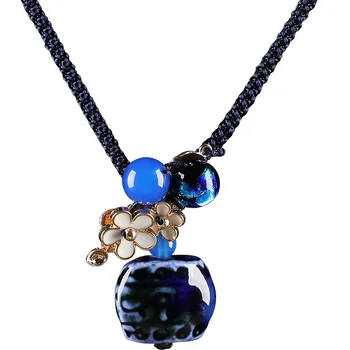 

Asain Flowers Geometric Ceramic Pendant Women Necklace Blue Color Sweater Chain Necklaces Female Girl Jewelry Accessories