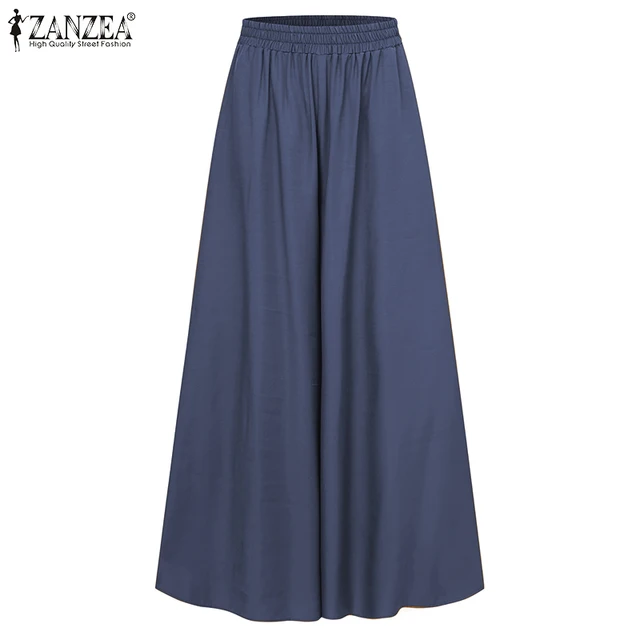 ZANZEA 2021 Spring Autumn Elastic Band Wide leg Pants Female Solid Wide Full Length Pant Women's Casual Ladies Pants Navy