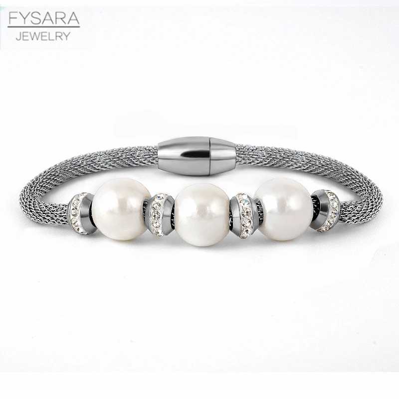 

FYSARA Classic Jewelry Charm Crystal Mesh Bracelet Pearl Jewelry Tube Magnetic Clasp Double Bracelet Jewelry For Women