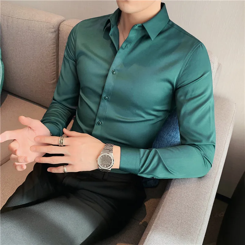Plus Size S-7XL Men Dress Shirt Autumn Long Sleeve Solid Business Slim Shirt Homme Social Casual
