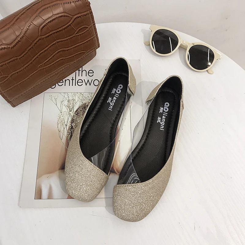 

2020 Flat Single shoes women spring new sequin cloth pointed toe square root professional work shoes luxury women shoes W38-50