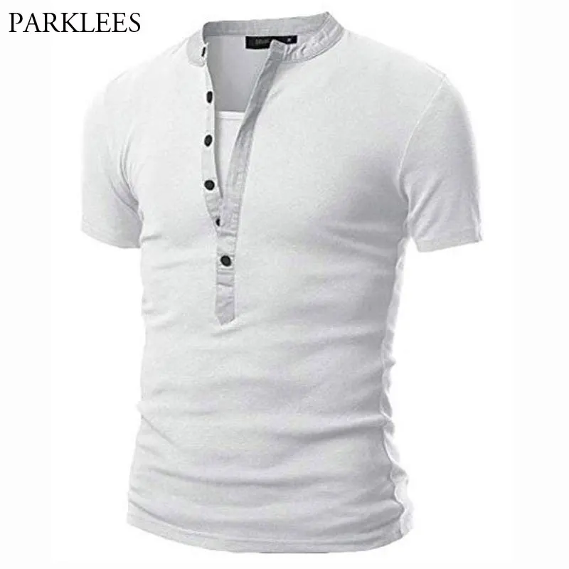 White Henley T Shirt Men 2020 Summer Mens V Neck Short Sleeve Tee Shirt