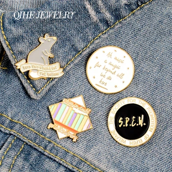 

QIHE JEWELRY Rat Library Music Enamel Lapel Pins Book Animal Brooches Badges Fashion 'S.P.E.W.' Pins Gifts for Friends Wholesale