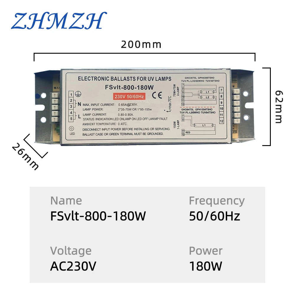 180W Electronic Ballast UV Lamp Ballast 2G11 Ultraviolet Sterilizing Light Four Pins UV Disinfection Lamp