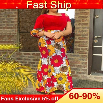 

African Dresses For Women Elegant Long Red Floral Print Patchwork Bodycon Maxi Party Summer Mermaid Dress Large Plus Size 2020