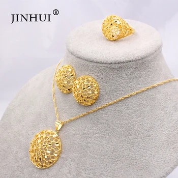 Ethiopia 24K gold color Dubai jewelry sets women African Party wedding gifts Necklace and Earrings ring sets 45cm Pendant gifts