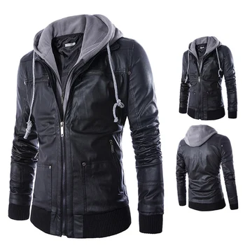 

Motorcycle leather jacket men's two-piece leather jacket long-sleeved jacket black hooded detachable fake two pieces