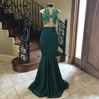 

Dark Green Mermaid Prom Dresses 2020 for African Black Girls Women High Neck Lace Beaded Long Formal Evening Party Gowns