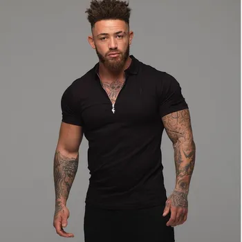 

Summer Fitness Campaign Sik silk lapel T-shirt new fashion men's street hip hop casual zipper short-sleeved quick-drying