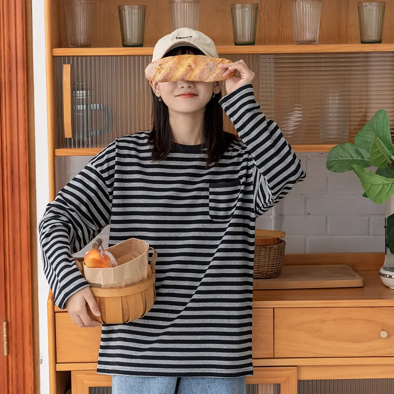 2020 Autumn Striped Women Long Sleeve T-Shirt Cotton Soft Comfortable Loose Japanese Style Base Shirt Summer Plus Size Clothes