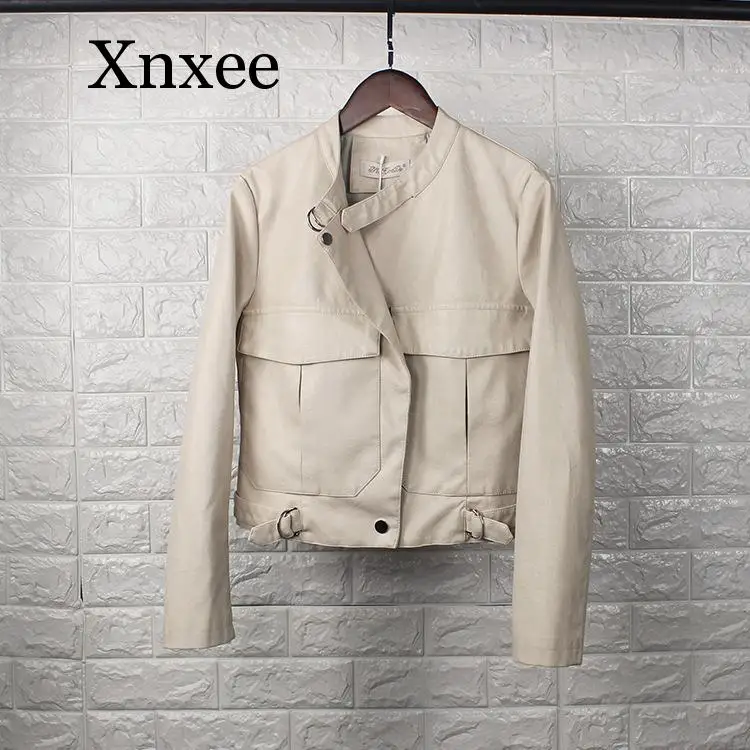 

Autumn Spring Pu Leather Jacket Women Mandarin Collar Single Breasted Casual Short Coat Ladies Bomber Leather Jackets Female