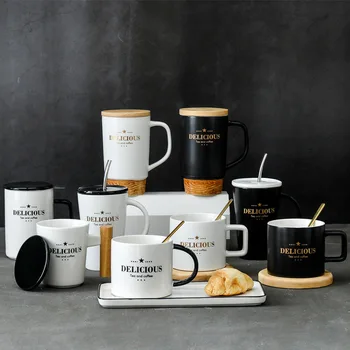 

Mug with Lid Kitchen Supplies Ceramic Coffee Mugs Set Mug with Spoon Ceramic Mugs Set Stainless Steel Cup Reusable Eco-friendly