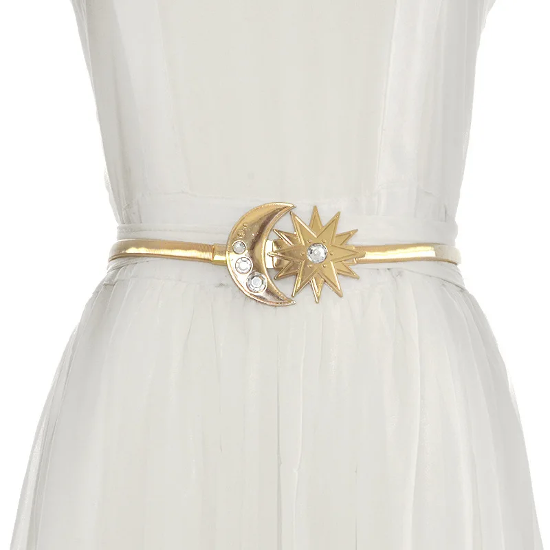 Skinny Rhinestone Sun Moon Buckle Belts 