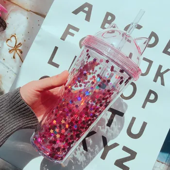 

450ml Sequined BPA Free Water Bottle Flash Cat Ear Drinking Water Bottle with Straw Double Wall Drinking Bottle Coffee Juice Cup