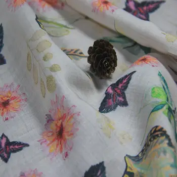 

100% Ramie Cotton linen printed vintage butterfly flowers fabric spring summer skirt dress fabric tissu doux tela suave 0.5meter