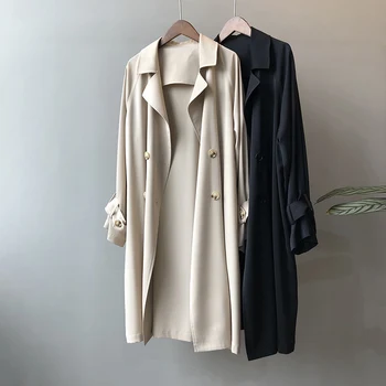 

Women Elegant Long Trench Coats Double Breasted Simple Solid Female Trenches 2020 Fall Office Ladies Overcoats For Woman Black