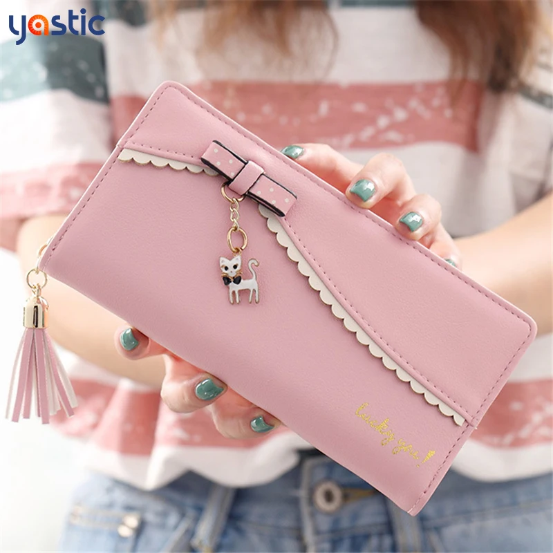 

Women Sweet Bow Wallet Handbags Cute Tassel Card Holder Long Purse PU Leather Hasp Zipper