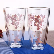 Лидер продаж 350 мл вишня в цвету с двойными стенками, Стекло ручной работы выпить стакан теплоизоляция прозрачный стакан для молока
