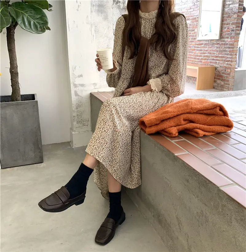 Dress Women French Style All-match Vintage Trendy Print Feminino Clothing Flare Sleeve High Waist Popular Design Autumn Elegant mother of the groom dresses