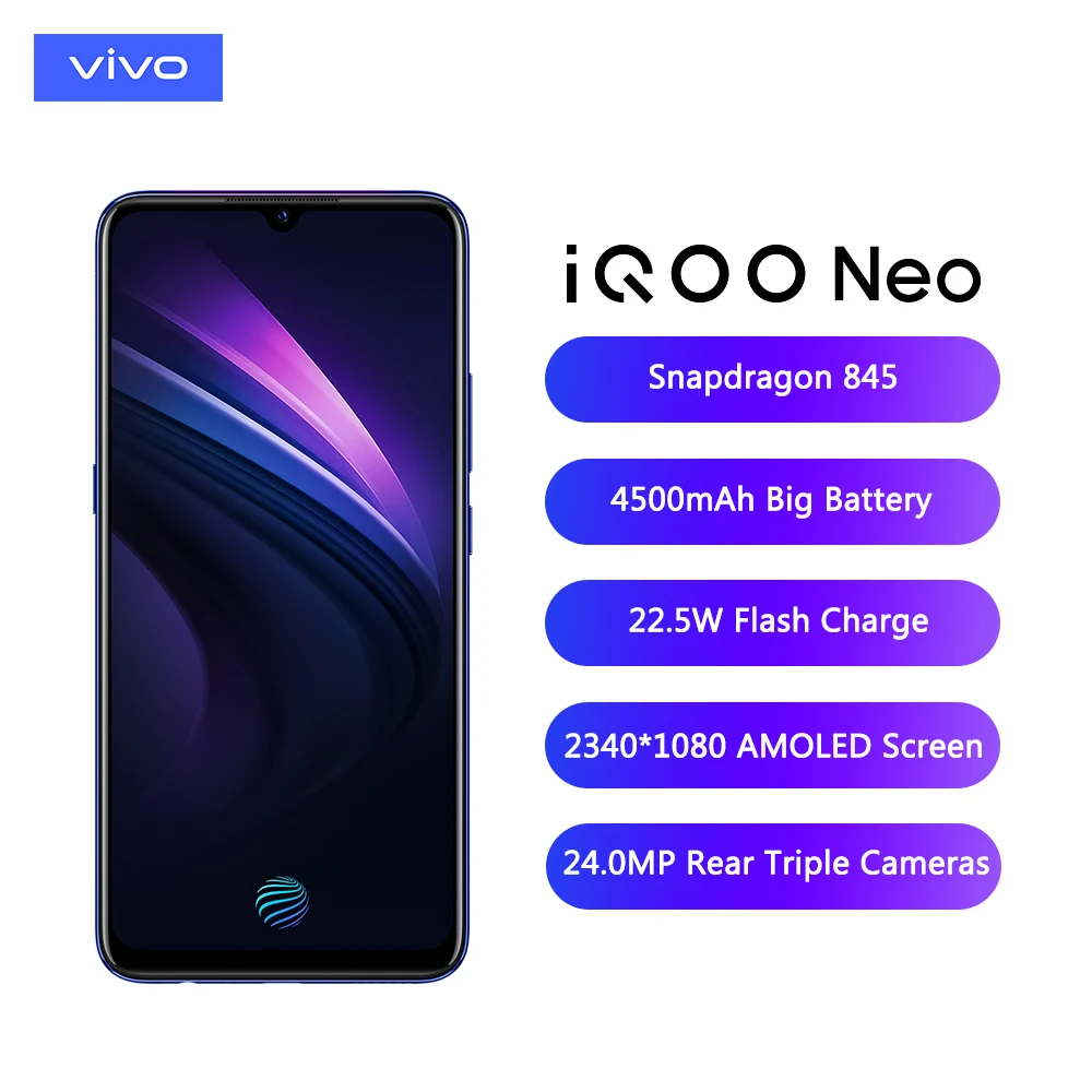 Vivo iqoo Neo Global rom 3 камеры 2340x1080P 6,3" экран 2 sim-карты отпечаток пальца лица ID Snapdragon 845 восьмиядерный смартфон