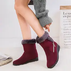 Новые Теплые зимние женские сапоги; одноцветные замшевые сапоги с боковой цепочкой; повседневные женские ботинки на низком каблуке; 43