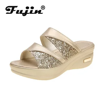 

Fujin Women Slippers Summer 2020 Fashion Wedges Women Slides Breathable Thick Bottom Outside High Heels Causal Women Slippers