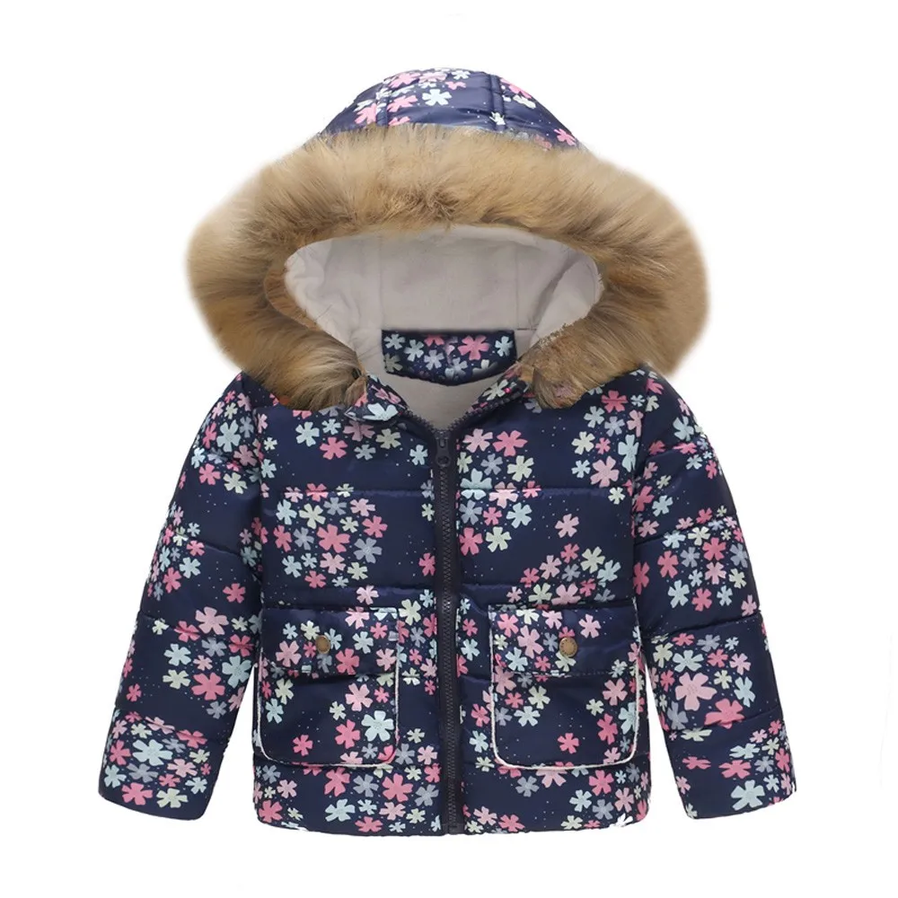 Warm Outerwear Toddler Baby Girls Lovely Pretty Floral Flower Winter Warm Jacket Hooded Windproof Coat куртка для девочки зима - Цвет: Dark Blue